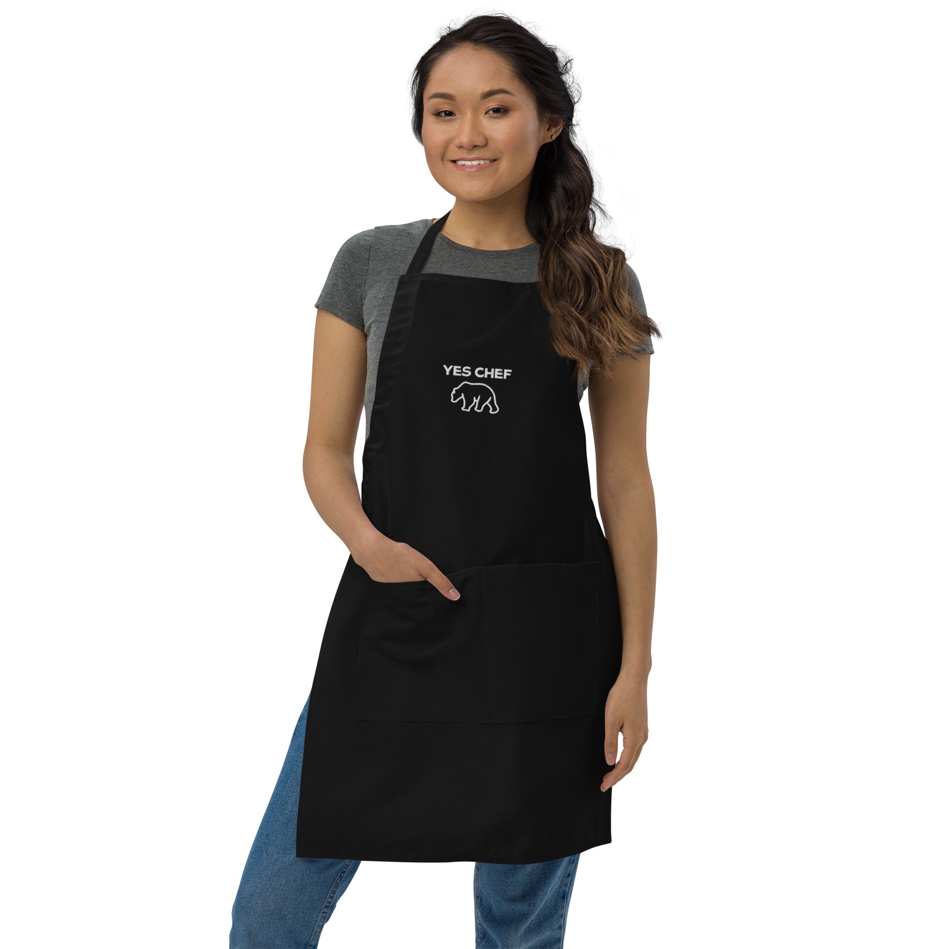 Yes Chef Embroidered Apron with Bear Graphic in Black