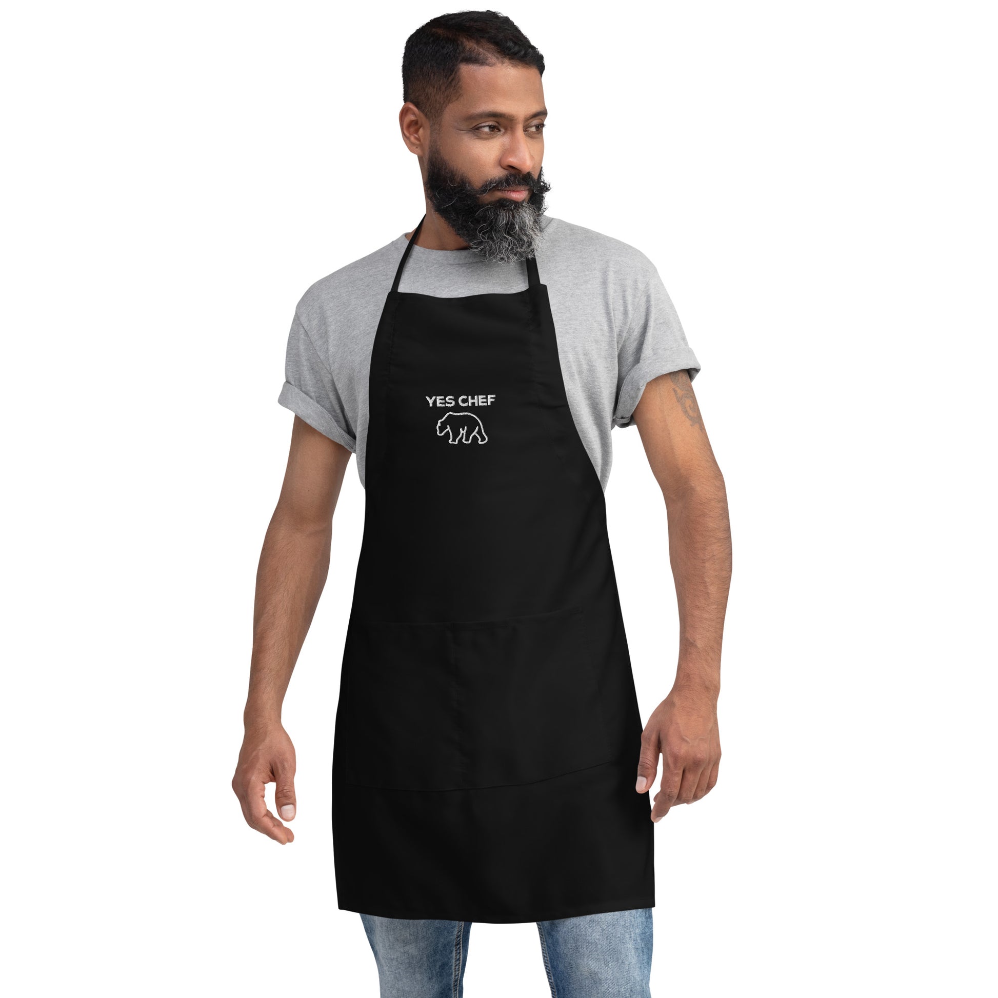 Yes Chef Embroidered Apron with Bear Graphic in Black