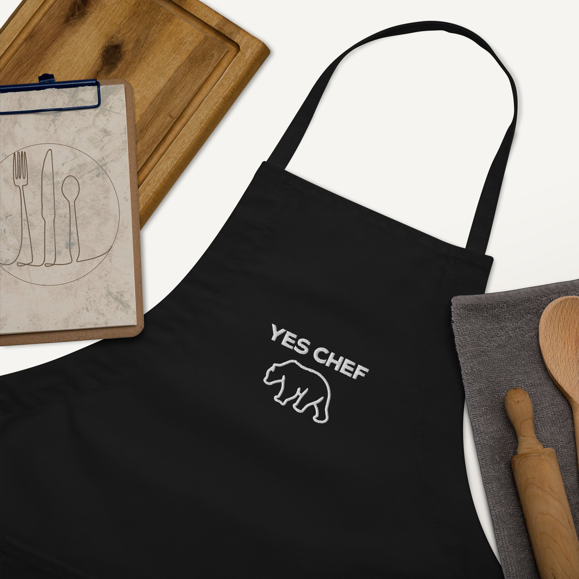 Yes Chef Embroidered Apron with Bear Graphic in Black